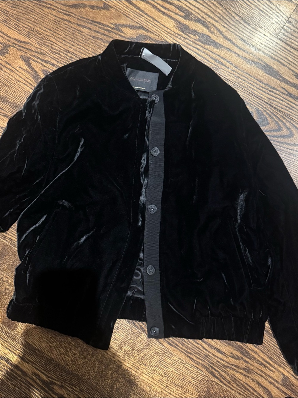 Massimo Dutti Black Velvet Bomber Jacket with Button Front